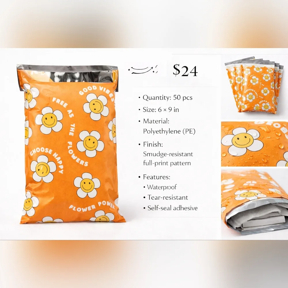 New 50pcs Smiley Flower Power Poly Mailers 6 × 9